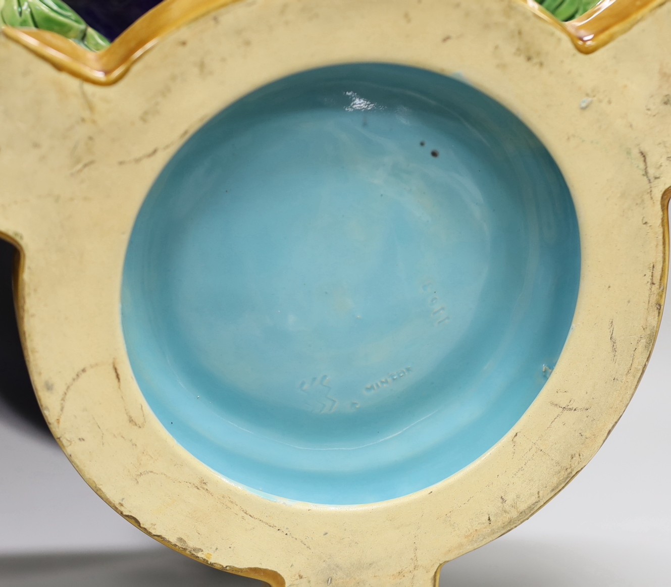 A large Minton neoclassical revival majolica pedestal bowl (a.f.) 34cm tall